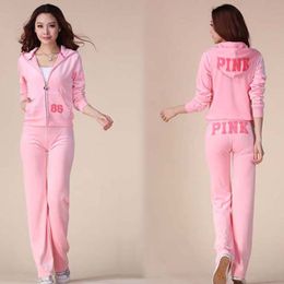 PINK Velvet Tracksuit 2024 Women's Hoodies Zipper Top and Embroidery Letter Pants Suits Two Piece Set Casual Jogging Suit