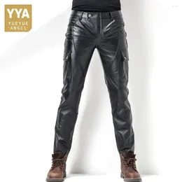 Men's Pants Brand Euro Motorcycle Mens Cowhide Full Length Trousers Slim Pockets Genuine Leather Windproof Fashion Male Pencil