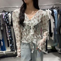 Women's Blouses Korean Style Floral Printed Chiffon Shirt Vintage Long Flare Sleeve Loose White Ruffles V-neck Pullover 2024 Autumn