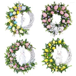 Decorative Flowers Bow Ribbon Easter Eggs Wreath Door Ornaments Wall Decor Happy 2024 Day For Home Pendant