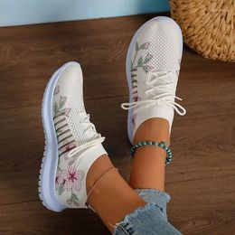 Casual Shoes Fashion Printed Knitted Sneakers Women 2024 Lightweight Breathable Flats Woman Lace-Up Non-Slip Ladies Sports