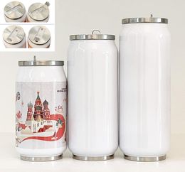 DIY Sublimation mug 9 12 15oz Cola Can with 2 Types Lids White Heat Transfer Coke Cans Stainless Steel Insulated Water Bottles Tra9227038
