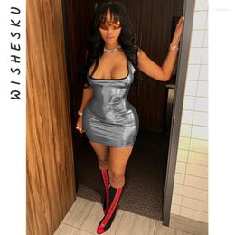 Casual Dresses Sexy Sleeveless Cut Out Bodycon Mini Dress Women Backless Metallic Silver Short Party Vestido 2024 Spring Fall Y2K Clothes