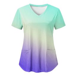 Nurse Uniform Women Gradient Scrubs Tops Uniforms Short Sleeve Pockets Medical Nurses Uniformes Blouse Nursing Clothes Shirts