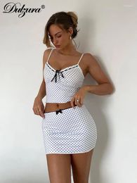 Work Dresses Dulzura Matching Suit Polka Dots Spaghetti Shoulder Straps Crop Top Sleeveless Bow Ties Mini Skirt 2024 Co Ords Set Clubwear