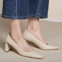 Dress Shoes Simple Woman Korea Style Women Pumps On Thick Heel 6.5 CM Cowhide Spring Daily Square Toe Elegant