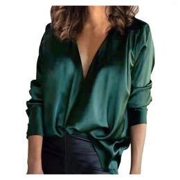 Women's Blouses 2024 Autumn Satin Silk V Neck Shirts Women Elegant Soft Slim Long Sleeve Tops And Office Ladies Solid Blouse Blusa