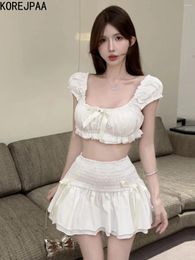 Work Dresses Korejpaa Sweet Design Two Piece Sets Women Pleated Slash Neck Off Shoulder Top Fluffy Elastic High Mini Skirt Clothes