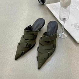 Slippers Pointed Toe Women Belt Buckle Dress Sandals Slides 2024 Arrivals Casual Mules Shoes Thin Mid Heels Black