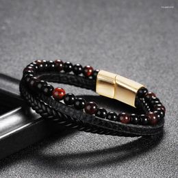 Strand Stainless Steel Charm Bracelets For Men Braided Leather Nature Tiger Eyes Beads Bangle Wristband Punk Male Jewellery