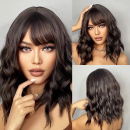 HENRY MARGU Dark Brown Natural Wave Synthetic Wig with Bangs for Black Women Afro Bob Medium Cosplay Heat Resistant Fake Hair