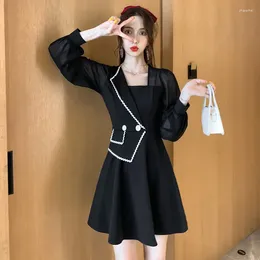 Casual Dresses 2024 Autumn Office Ladies Black Chic Commuter Mini For Women Long Sleeve Single Collar Female Elegant Slim Dress