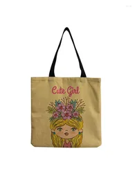 Shoulder Bags Cartoon Cute Girl Printed Tote High Capacity Eco Reusable Shopping Bag Fashion Female Floral Handbag Can Custom Pattern