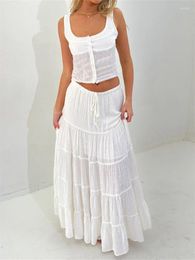 Work Dresses 2 Piece Sets Women's Summer Skirt Sleeveless Button Tank Tops And Flowy Ruffle A-line Long Skirts Casual Bohemian Clubwear