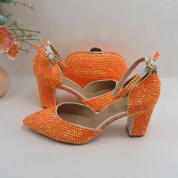 Sandals 2024 Arrival Orange AB Bling Pointed Toe Wedding Shoes And Bag Woman High Pumps Thick Heel Party Dress Slingbacks