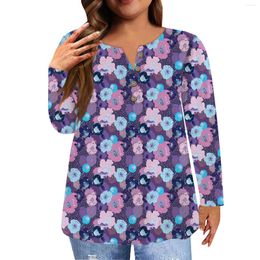 Women's T Shirts Plus Size Fashion Button Collar T-Shirt Long Sleeves Flower Printed Casual Tops Woman Blouse Shirt