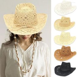 Berets Handmade Weaving Western Cowboy Straw Hat Hollow Breathable Sunshade For Outdoor Beach Men Women Paper B0Z7