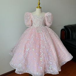 2024 sequined pink Girls Pageant Dress Girl First Communion Dress Kids Formal Wear Flower Girls Dresses for Wedding bling Princess Ball Gown Wedding Party Dresses