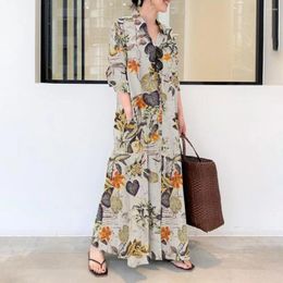 Casual Dresses Ladies Dress Loose Cut Colorful Flower Print Maxi With Long Sleeves Pockets A-line Silhouette Soft For Fall