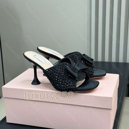 Designer Luxury High Heel Sandals Fashion Versatile Diamond Bow Rose High Heel Shoes Cat Heel Sexy Sandals Back Open Toe Women Slippers