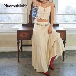 Work Dresses Maemukilabe Vintage Tie-Up Front Frill Trim Ruched Crop Camis Tops Ruffles A-line Maxi Skirts Fairy 2 Piece Set Outfits Women