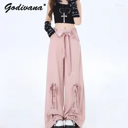 Women's Pants Sweet Cute Girls Bow Bandage Straight Casual Spring Summer Pink Wide Leg Cargo Long Trousers