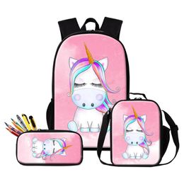 Customise Your Own Design Logo Backpacks Pencil Case Lunch Bags 3 PCS Set For Primary Students Children Lovely Unicorn Bookbag Girl Ruc 300U