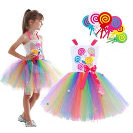 2024 Childrens Sweet Candy Rainbow Princess Lollipop Clothing Baby Tutu Dress Girl Purim Carnival Party Halloween Dress 240520