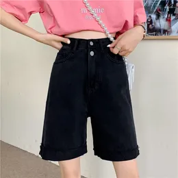 Women's Jeans Double Buttons Summer Denim Shorts Women High Waist Straight Short Pants Loose Pockets Casual Korean