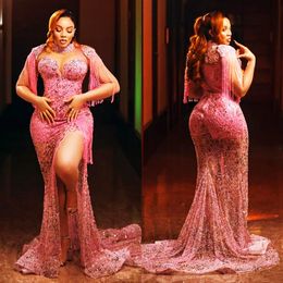 2024 Luxurious Pink Aso Ebi Prom Dresses for Black Women Pink Promdress Illusion High Neck Beaded Lace Beading Tassel Side Split Birthday Dress Reception Gowns AM986