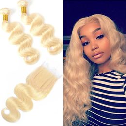 Indian Raw Human Hair 3 Pieces One Set 613# Blonde Body Wave Bundles With 4*4 Lace Closure Middle Three Free Part 8-30inch Baby Hair Dpgvq