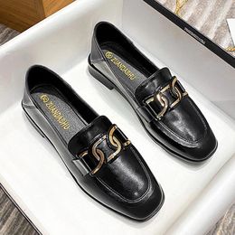 Casual Shoes British Metal Chain Flats Women Square Toe Oxfords Femmes Slip On Mocasines Ladies Office Dress Small Leather Boat Loafers