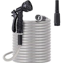 FOXEASE Stainless Steel Garden 75 ft - Metal Water Hose with 2 Nozzles Lightweight Tangle & Kink Free Heavy Duty L2405