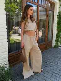 Women's Two Piece Pants 2024 Spring Women Tracksuit Suit Sleeve White Crop Top Wide-leg Casual Female Elegant Summer Loose Set Ladies