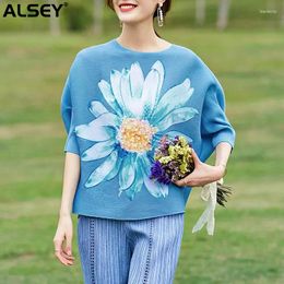 Women's T Shirts ALSEY Miyake Fashion Floral Print Bat Sleeve T-shirt For Women Summer Printed Beaded Temperament Elegant Pleated Top