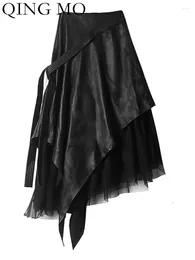 Skirts QING MO Irregular Skirt 2024 Spring Summer PU Leather Combination Mesh High Waist A-line Mid Length Fashion ZXF1281
