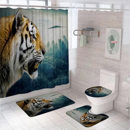 Shower Curtains Tiger Jungle Animal Curtain Bath Mat Set Forest Scenery Bathroom Screen Toilet Lid Cover Anti-slip Carpet Flannel Rug Pad