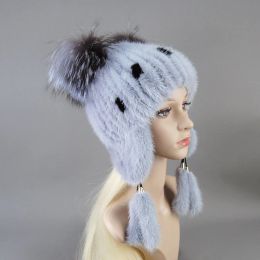 Winter Cap Women Warm Luxury Natural Mink Fur Hat With Ear Flaps For Girls Tail Earflap Bomber Loverboy Knitted Anime Cat Beanie