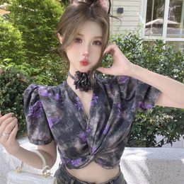 Women's Blouses Flower Print Twisted Shirt Female Fashion High Waist Slim Woman Crop Tops Vintage Bubble Sleeve With Ladies Blusa