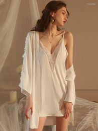 Women's Sleepwear Ladies Sexy Nightwear Lace V-Neck Backless Pyjamas Silk With Chest Pad Nightgown Robe Home Clothing Set