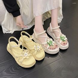 Casual Shoes Comfort For Women Luxury Sandals 2024 Summer Clogs With Heel Fashion Beach Pearl Girls Elastic Band Thick Low