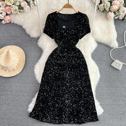 Casual Dresses Fashion Vintage Holiday Square Neck Women A Line Sexy Elegant Office Ladies Vestidos High Waist Sequined Cute Party Dress