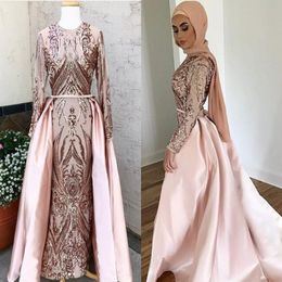 Scarlett Rose Gold Blush Mermaid Evening Formal Dresses with Long Sleeve 2019 Jewel Neck Muslim Dubai Arabic Occasion Prom Plus Size Go 216O