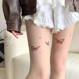 Women Socks Red Butterfly Tattoo Tights Y2k Girl Lolita Kawaii Cute Pantyhose Ultra-thin Thigh High Stockings