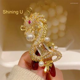 Brooches Shining U Year Of The Dragon Loong Pearl Brooch For Women Men Fashion Suit Accessory Chinese Style Gift