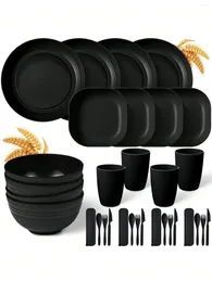 Dinnerware Sets 32pcs Black Plastic Cutlery Set Plates Spitting Dishes Bowl Cups 4 For Outdoor Camping Party