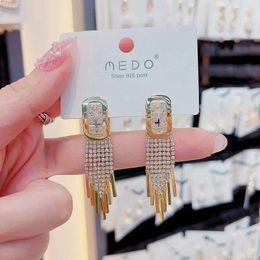 Stud Earrings Luxury Geometric Square Tassel Medium Long Silver Needle Temperament Rhinestones For Girls Jewelry.