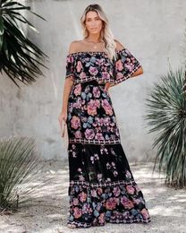 Casual Dresses Women Sexy Boda-line Long Dress Summer Spring Slash Neck Boho Maxi Floral Print Party Club Vestidos