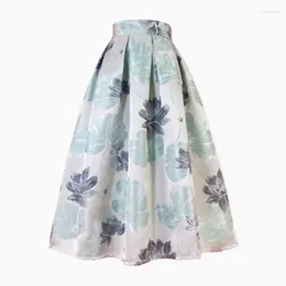 Skirts Vintage Style Elegant High Waist Long Pleated Midi Skirt For Women Aesthetic Light Green Floral Print Jacquard Summer 2024