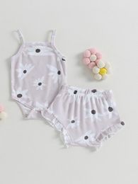 Clothing Sets Infant Baby Girl Summer Outfit Sleeveless Waffle Cotton Floral Romper Bodysuit High Waist Bottoms Shorts Set (Purple 3-6